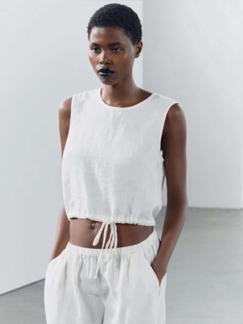 Zara BROWN Linen Sleeveless Top with tie waist